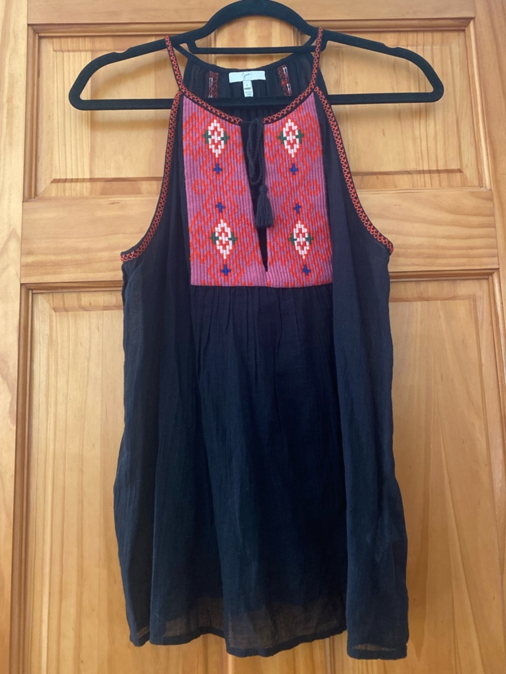 Joie Black Embroidered Boho Tunic Top Tassel Tie Sheer Cotton S
